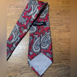 Christian Dior Monsieur Red Navy Brown Paisley Pattern Pure Silk Neck Tie